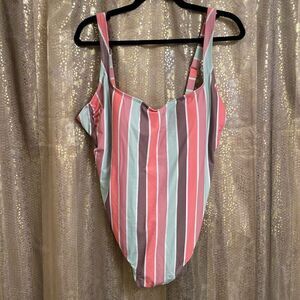 Kona Sol Orange Green Pastel Striped One Piece Swimsuit XL